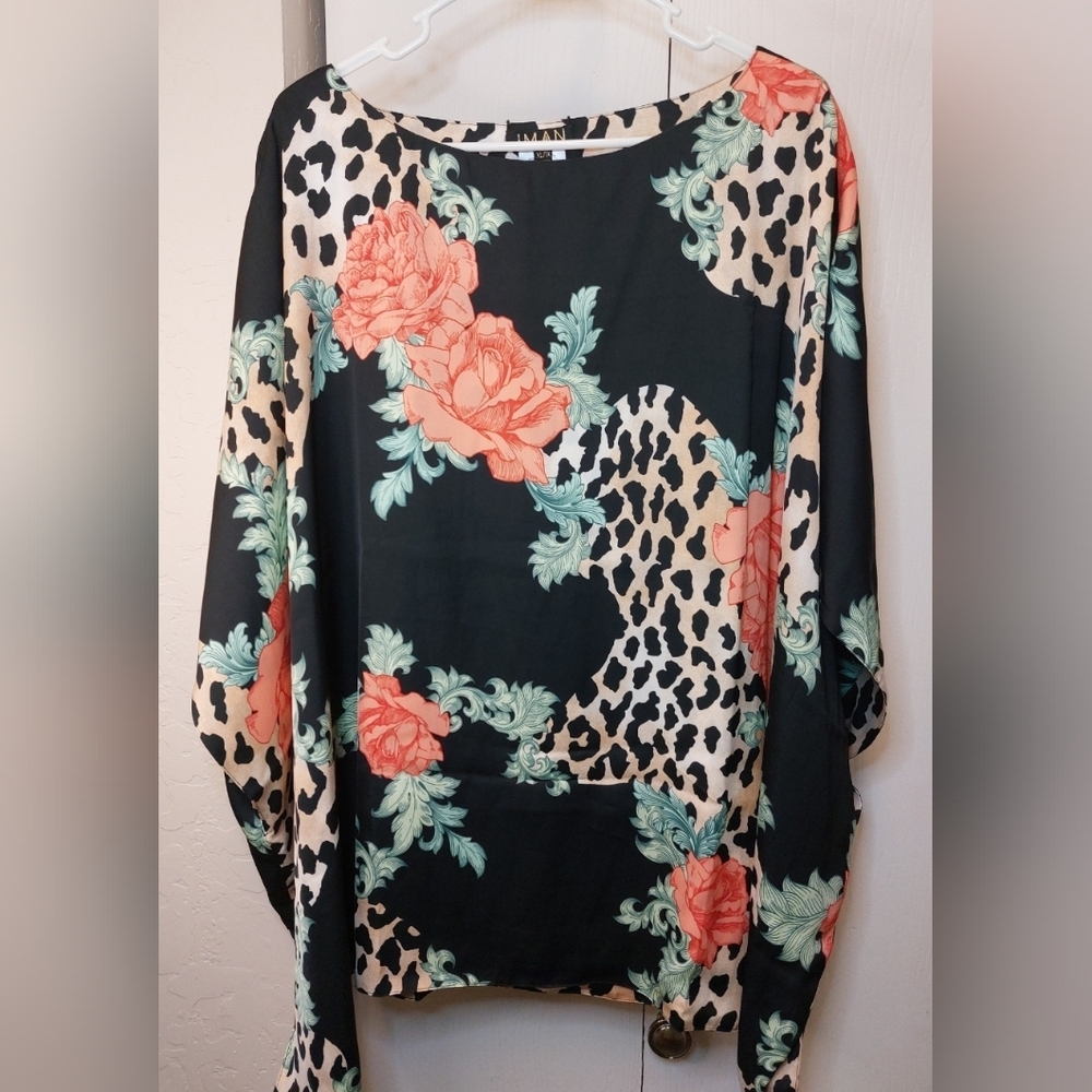 Iman Reversible Floral Animal Print Boxy Blouse Flowy Tunic Size XL Poncho Top